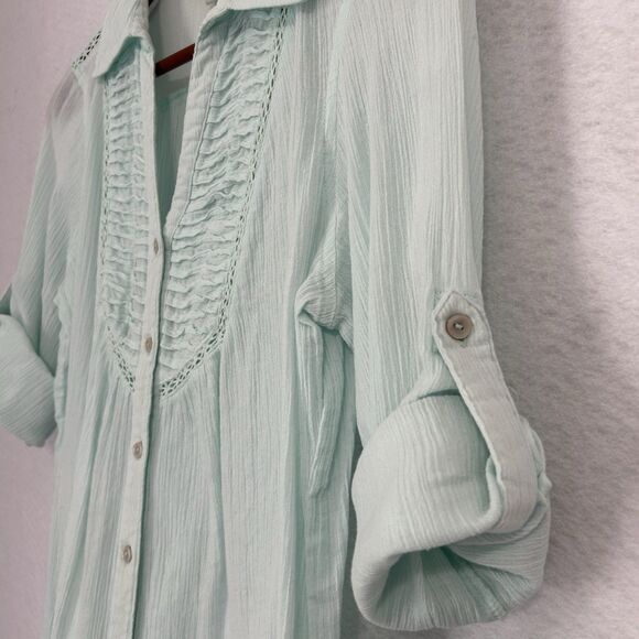 Vintage America Blouse Women S Mint Green Crinkle Pleat Lace Roll Tab Button Up - Picture 8 of 12